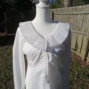Fancy white blouse, button front with fringe type material